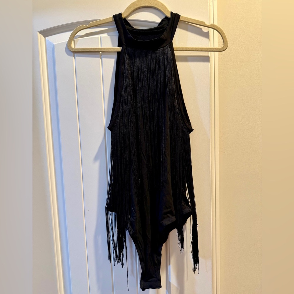 Black Fringe Halter Bodysuit